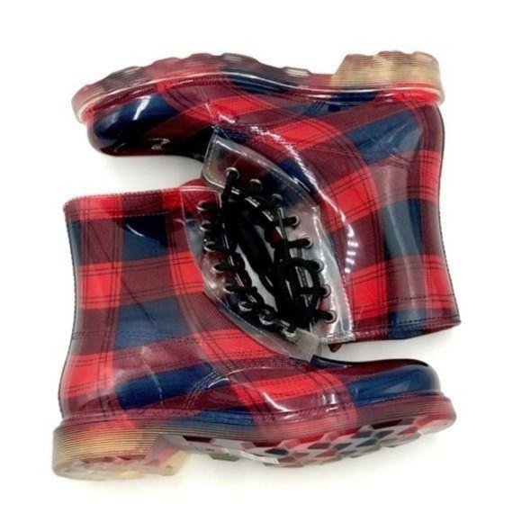!! NEW !! Plaid Lace Up Combat Style Rain Boots - Picture 6 of 11